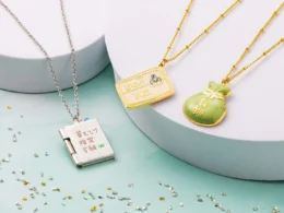 Three Chiikawa-themed necklaces displayed on white circular stands