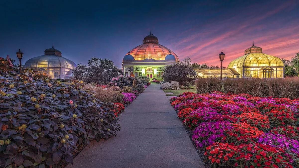 A stone pathway leads past vibrant colorful flowerbeds toward glowing historic glass conservatories under a dramatic pink and purple sunset sky.