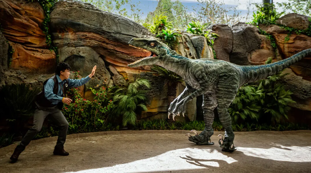 A park ranger interacting with a life-like Velociraptor dinosaur during a Raptor Encounter at Jurassic World Isla Nublar in Universal Studios Beijing.
