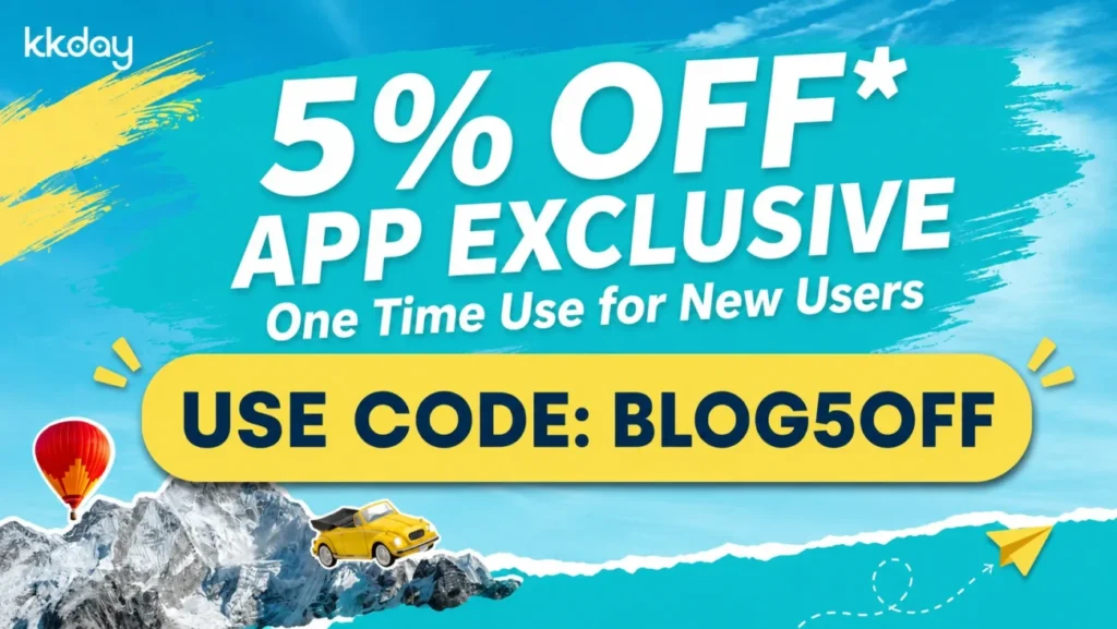 A 5% OFF app exclusive discount banner for first-time KKday users