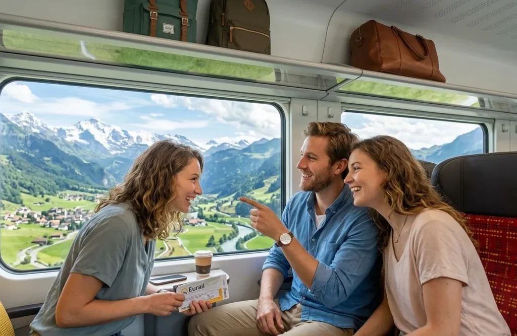 Three smiling friends traveling by train with Eurail passes, looking out the large window at scenic snow-capped mountains and a green valley town.