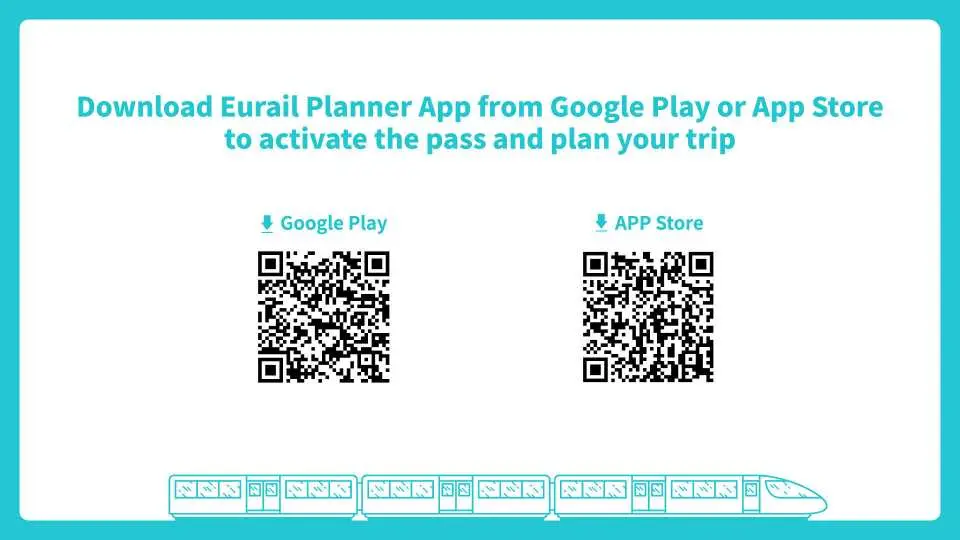 A digital graphic featuring two QR codes for downloading the Eurail Planner App from Google Play and the App Store, set against a clean white background with a teal train illustration.
