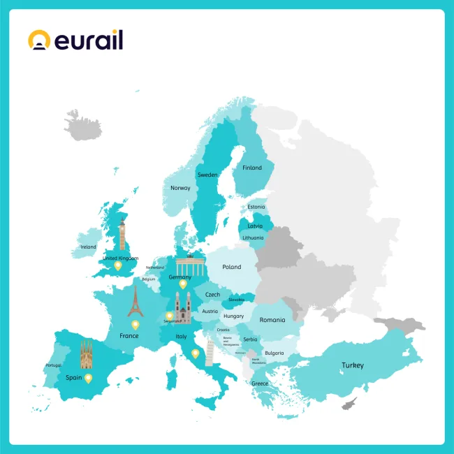 Illustrated Eurail map of Europe highlighting participating countries in teal and blue, with landmark icons like the Eiffel Tower and Colosseum.