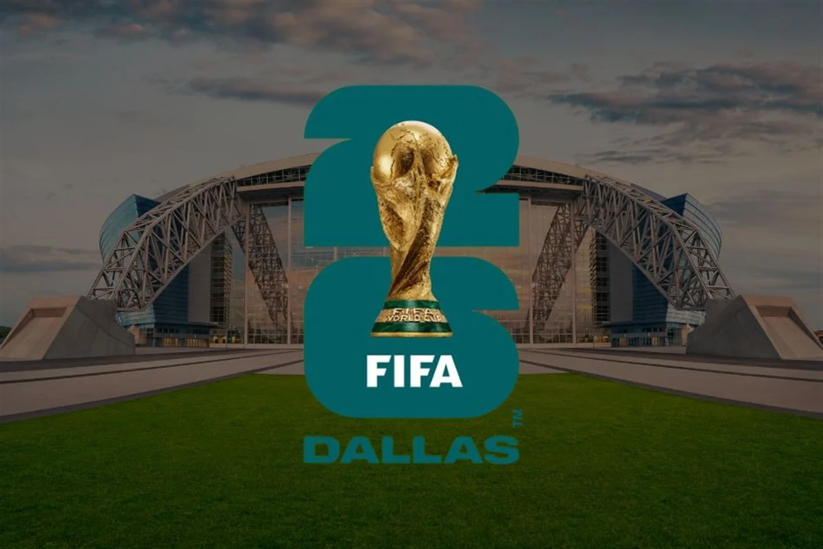Alt Text Official FIFA World Cup 2026 Dallas host city logo featuring the gold trophy and teal 26 branding.