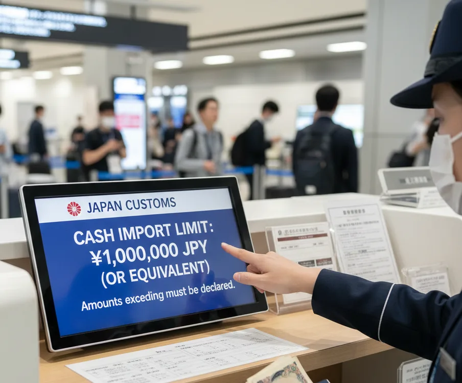 A close-up shot at a Japan Customs counter showing an officer's hand pointing to a digital display screen