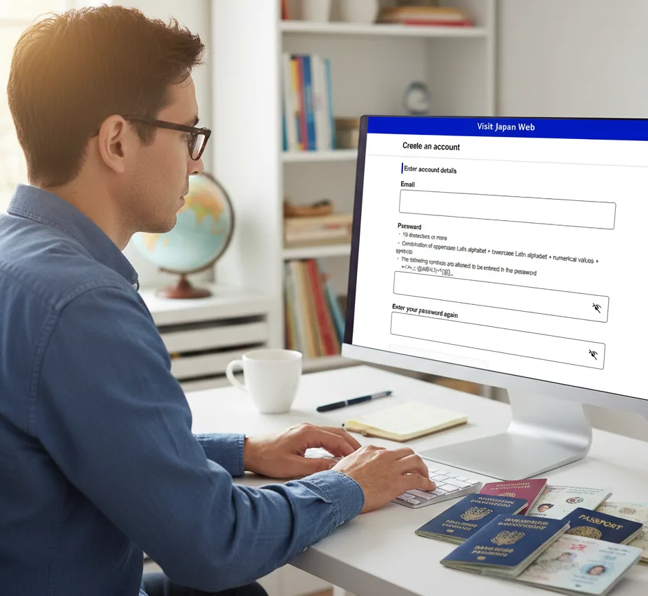 A side-view photograph of a man sitting at a white desk, typing on a computer. The monitor displays the "Visit Japan Web" account creation page