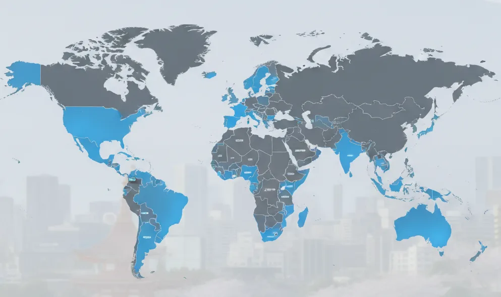 An infographic showing a world map with countries highlighted in blue to represent visa-free travel status to Japan, set against a background of Mount Fuji and a blurred Tokyo cityscape