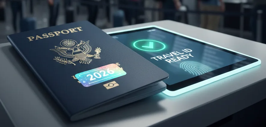A conceptual image of a modern airport terminal featuring a dark blue passport with a holographic "2026" sticker resting on a sleek check-in counter
