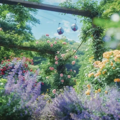 Two colorful gondolas glide along cables high above a lush garden overflowing with vibrant pink climbing roses and purple lavender under a bright sky.