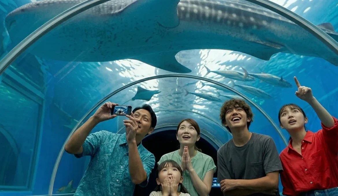 A family looks in wonder at a whale shark swimming overhead while walking through an underwater tunnel at an aquarium.