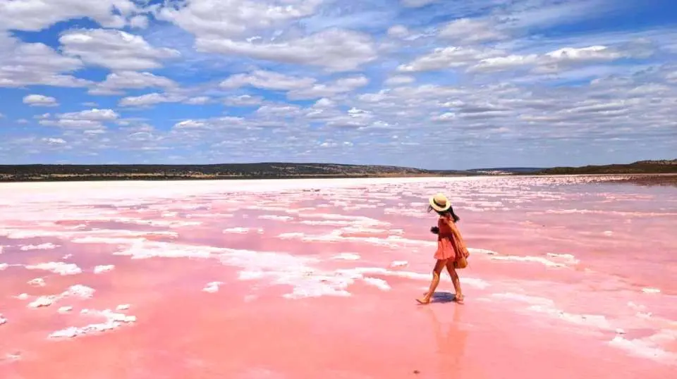 A woman wearing a sun hat and a pink dress walks along the edge of a vibrant pink salt lake.