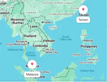 A regional map of Southeast Asia from Google Maps showing the relative locations of Taiwan and Malaysia across the South China Sea, with location pins dropped on both countries.