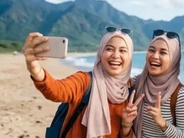 Two young Muslim women wearing hijabs smile and take a selfie together on a sandy beach with beautiful mountain ranges in the background.