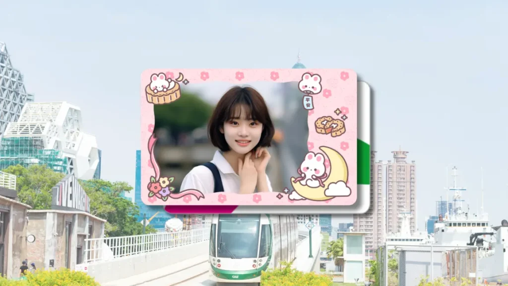 A promotional graphic card featuring a smiling young woman with short bob hair inside a cute pink border decorated with cartoon rabbits and mooncakes, overlaying a bright Kaohsiung cityscape with a light rail train.