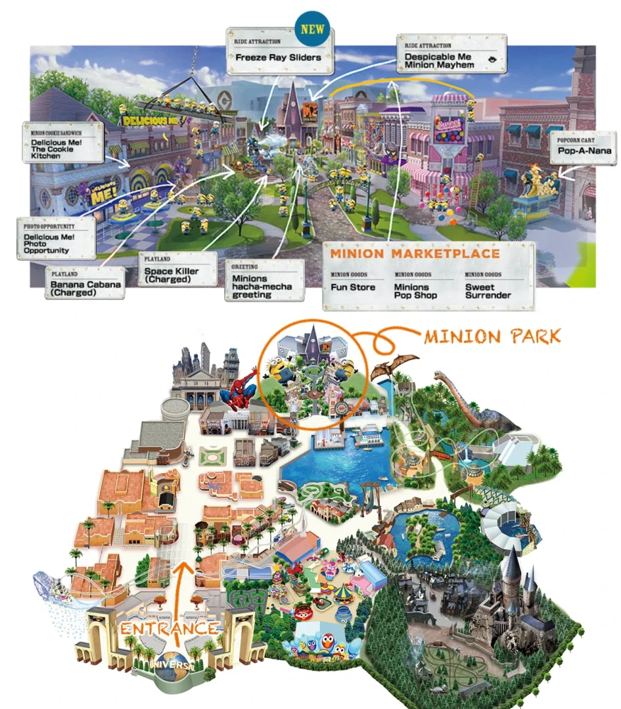 Plan du parc Universal Studios Japan et Minion Park via usj.co.jp.