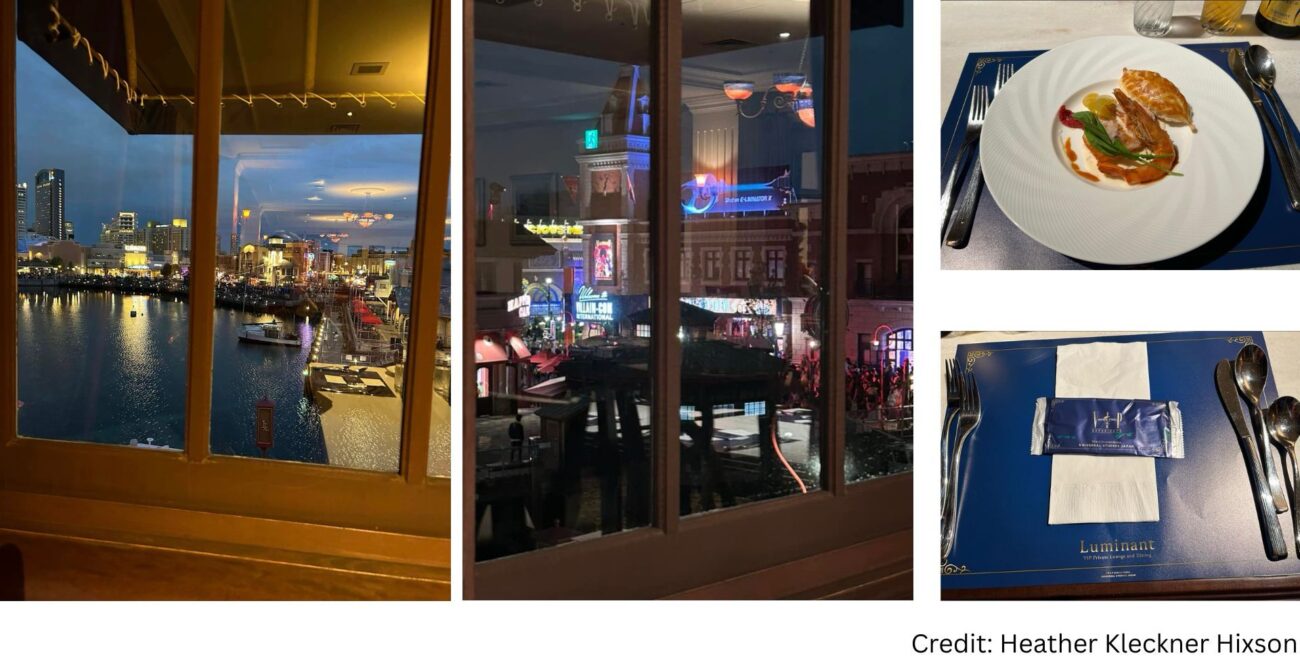 USJ VIP dinner experience at Luminant Private Lounge, featuring plated course meal, elegant table setting, and nighttime lagoon views inside Universal Studios Japan