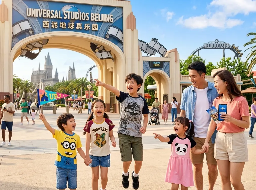 A happy family with four children jumping for joy in front of the iconic Universal Studios Beijing entrance archway with a roller coaster and castle in the background.