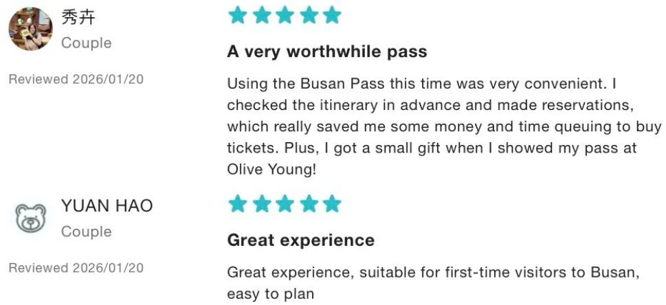 Positive reviews for KKday (Visit Busan Pass)