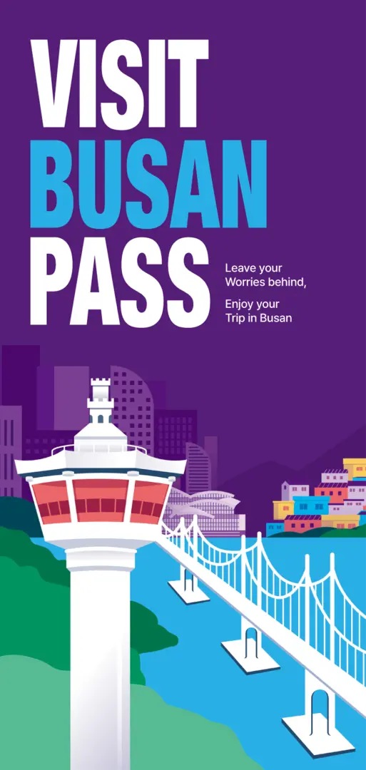 Visit Busan Pass promotional poster featuring an illustration of Busan Tower and Gwangandaegyo Bridge.