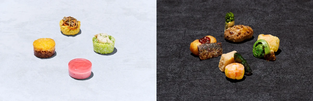 A side-by-side comparison of elegant, small-portioned luxury bites and bento meal components arranged artistically against contrasting light and dark backgrounds.