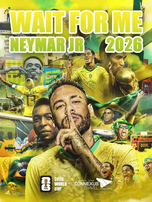 Promotional football poster featuring Neymar Jr. in a Brazil national team jersey with the text "Wait For Me Neymar Jr 2026."