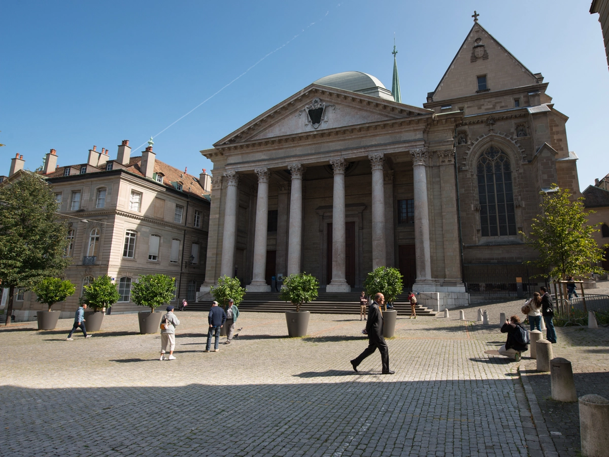 St Pierre Cathedral Geneva facade columns old town Switzerland