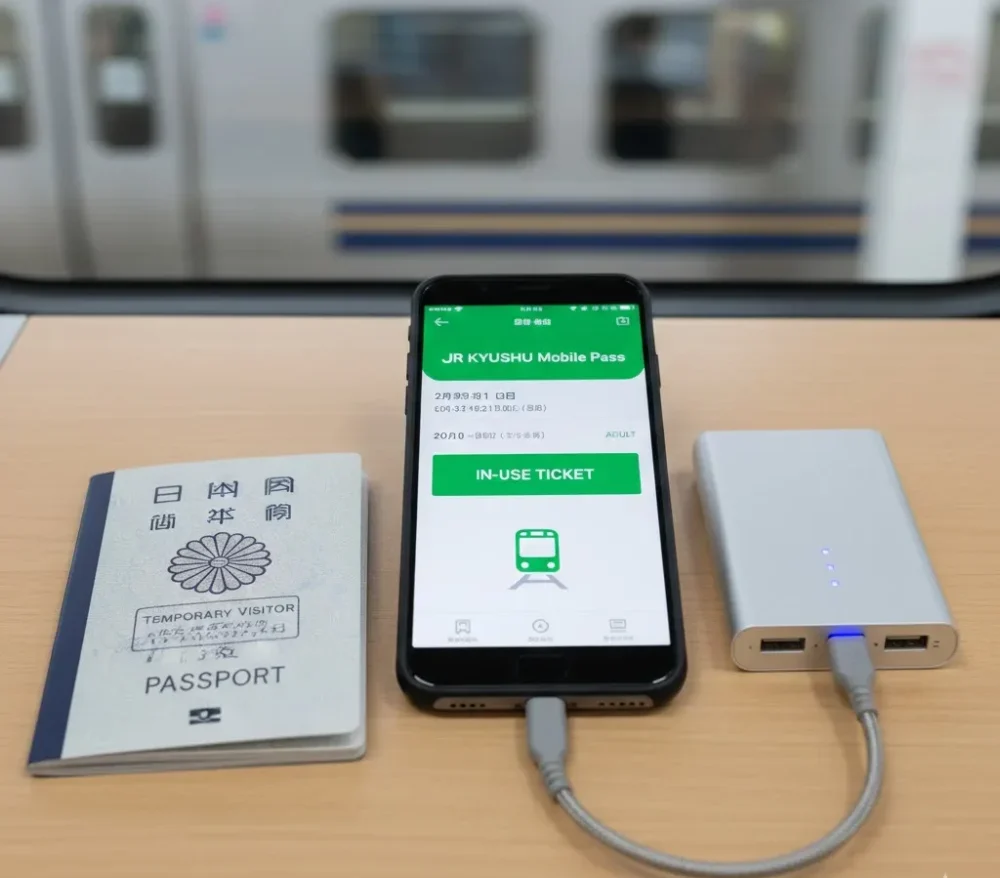 A smartphone displays an active JR Kyushu Mobile Pass "In-Use Ticket" screen next to a Japanese passport with a "Temporary Visitor" stamp