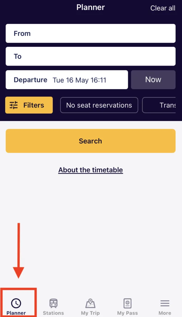 Smartphone screen showing the Eurail Rail Planner app interface for adding a journey by searching cities and dates.