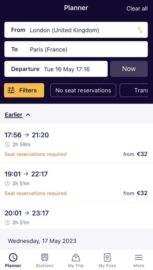 Digital interface of the Rail Planner app displaying available train times and routes between specific European cities.