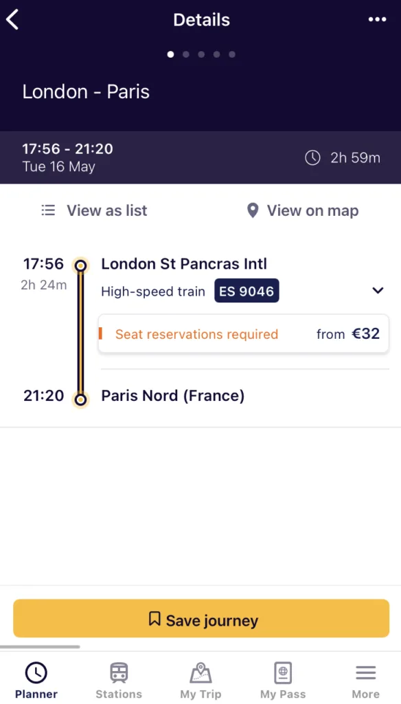 Mobile app screen showing a specific train journey being added to the traveler's digital trip itinerary.