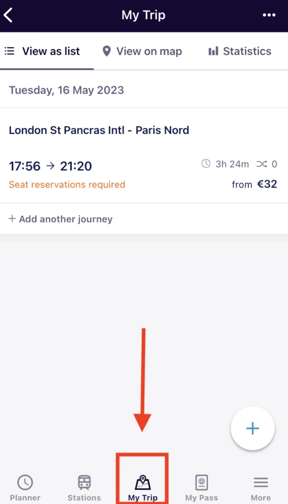 Mobile screen showing the final step of toggling a journey to add it to the active Eurail Pass.